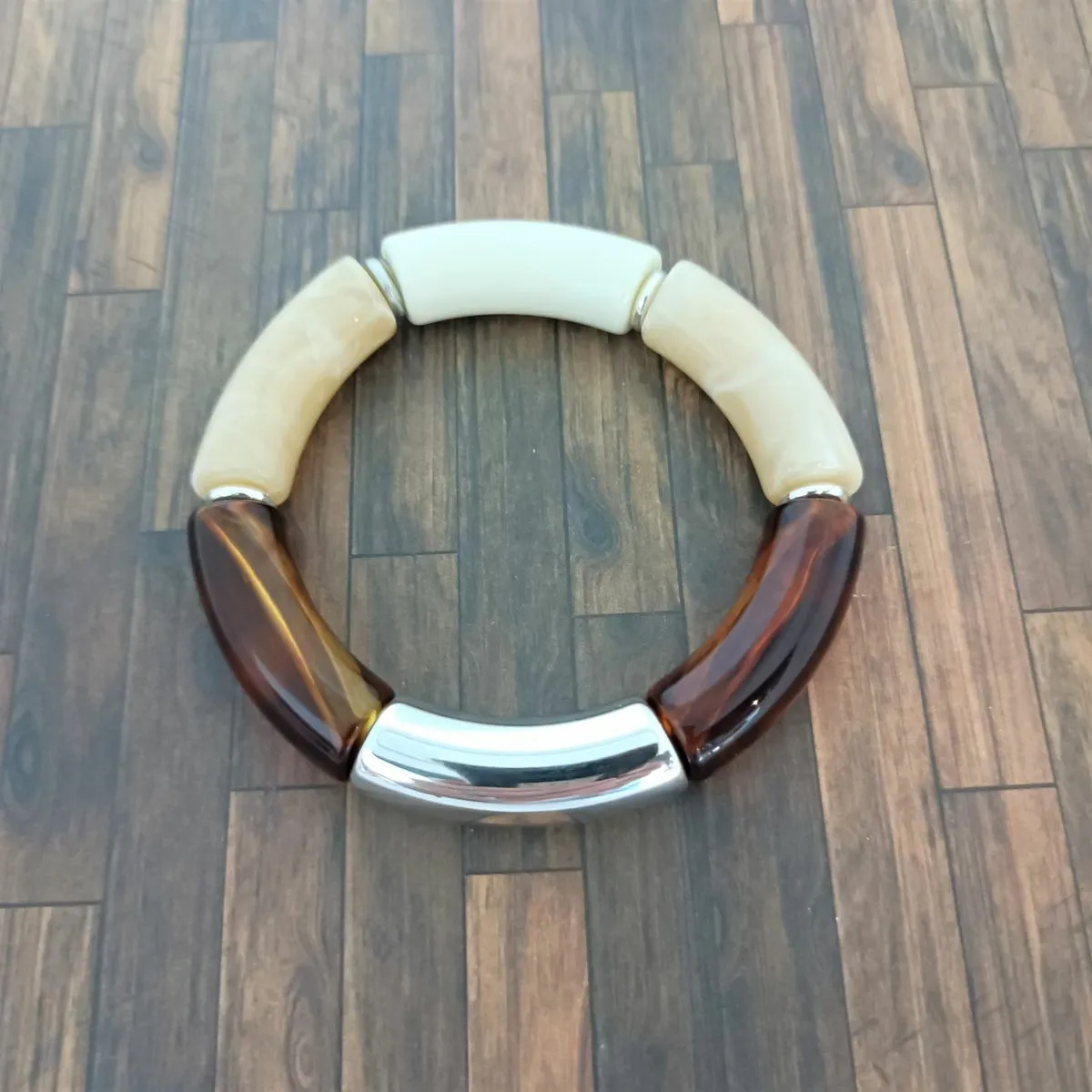 Bracelet tube tons marron beige blanc argenté 36mm