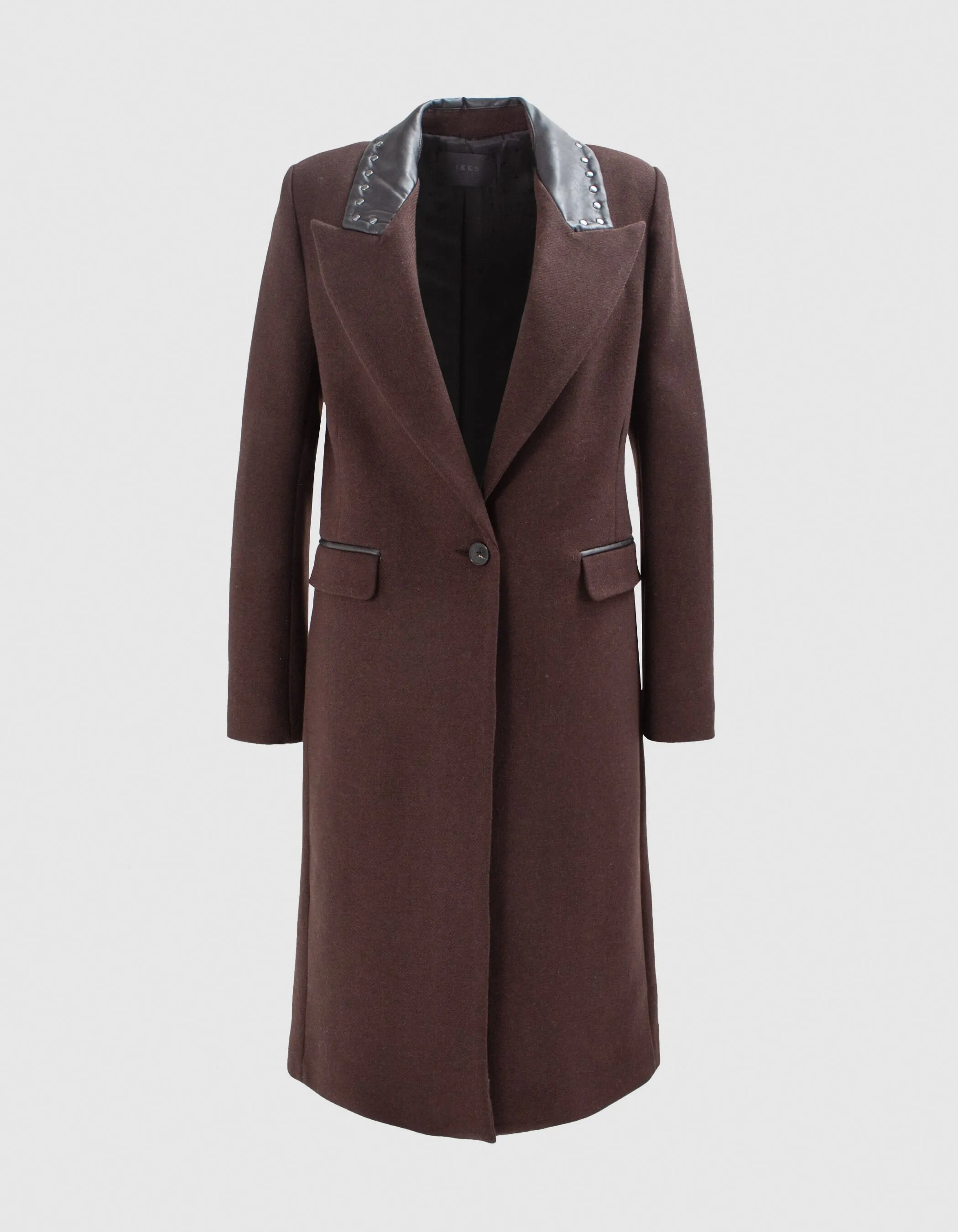Manteau long chocolat avec col rock clouté Femme