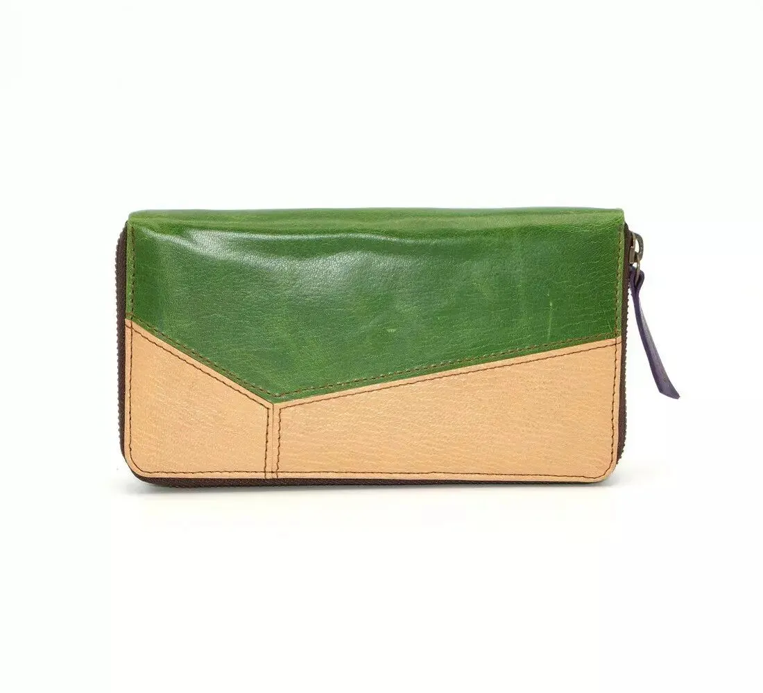 Portefeuille femme cuir vert et beige modèle unique 5