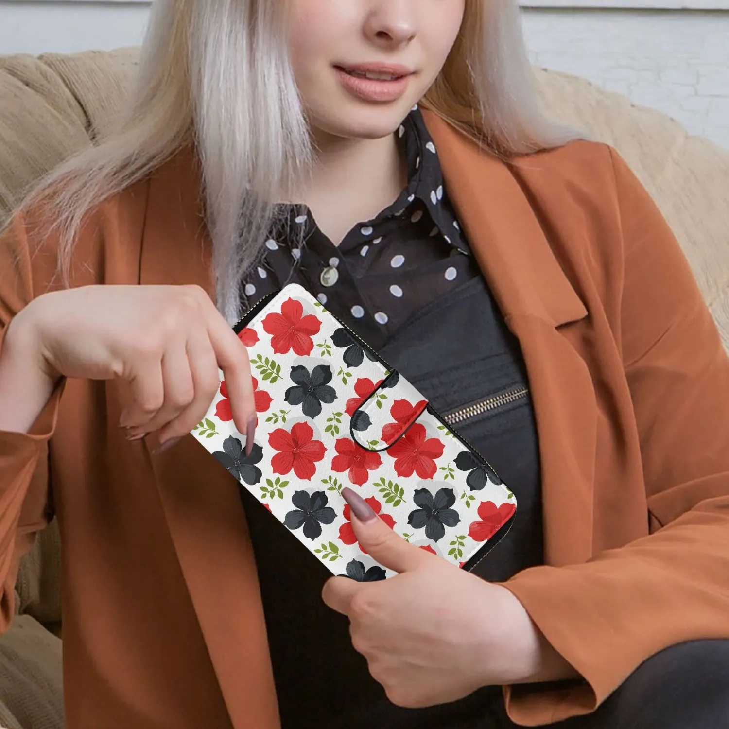 Portefeuille à rabat long Fleurs rouges et noires (728)